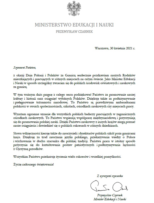 List – Dzień Polonii i Polaków za Granicą