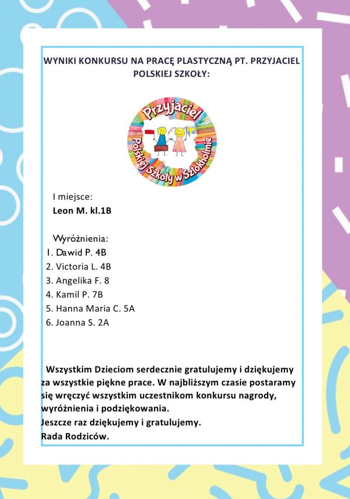 Wyniki konkursu na logo „Przyjaciela Szkoły Polskiej”.