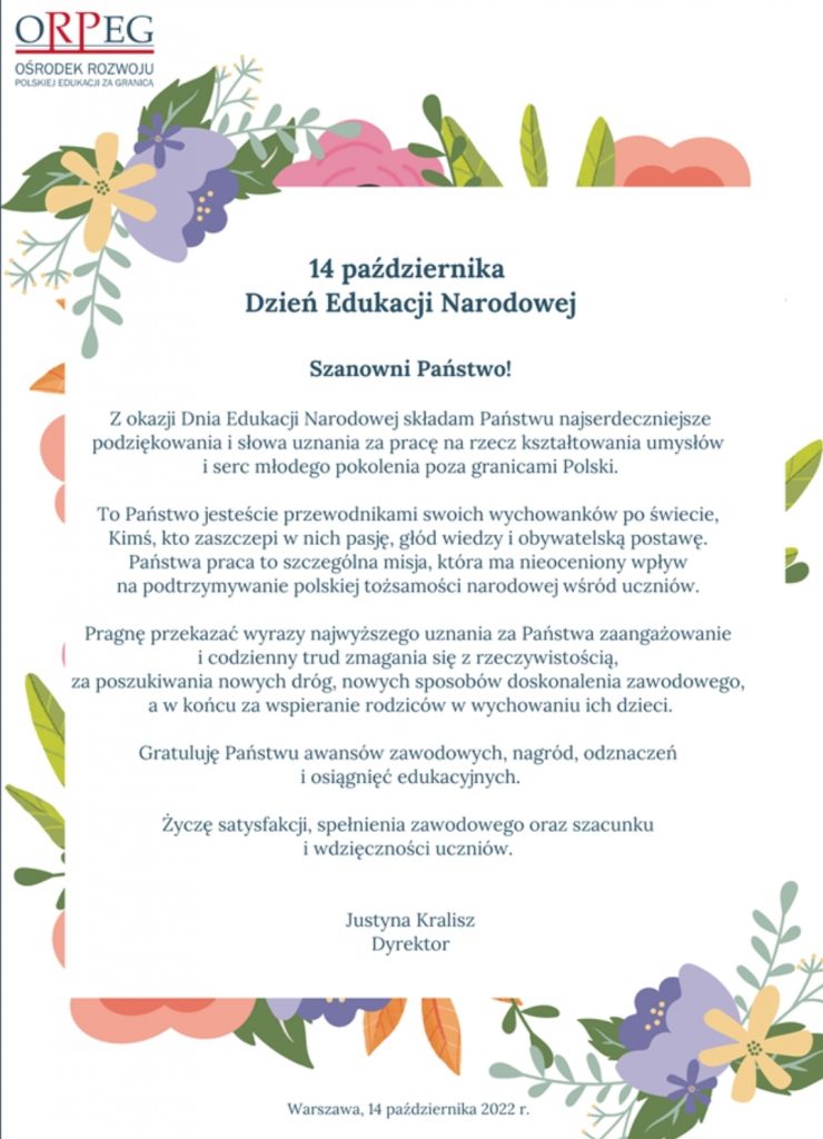 Życzenia z okazji Dnia Komisji Edukacji Narodowej