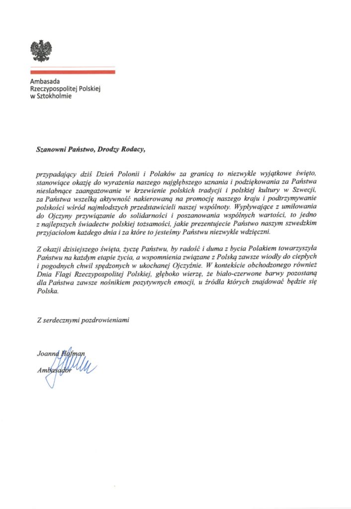 Życzenia Pani Ambasador Joanny Hofman z okazji Dnia Polonii i Polaków za granicą🌺 🤍❤️