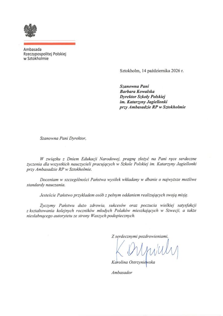 Życzenia z okazji Dnia Edukacji Narodowej od Pani Ambasador